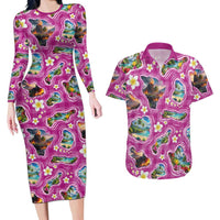 Hawaiian Island Shapes-Iconic Landscape Couples Matching Long Sleeve Bodycon Dress and Hawaiian Shirt with Plumeria and Palaka Pink Color LT03 Pink - Polynesian Pride