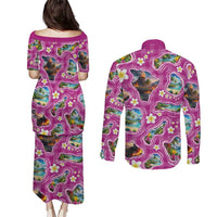 Hawaiian Island Shapes-Iconic Landscape Couples Matching Puletasi and Long Sleeve Button Shirt with Plumeria and Palaka Pink Color LT03 - Polynesian Pride