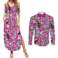 Hawaiian Island Shapes-Iconic Landscape Couples Matching Summer Maxi Dress and Long Sleeve Button Shirt with Plumeria and Palaka Pink Color LT03 Pink - Polynesian Pride