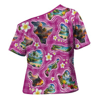 Hawaiian Island Shapes-Iconic Landscape Cross Shoulder Shirt with Plumeria and Palaka Pink Color LT03 - Polynesian Pride