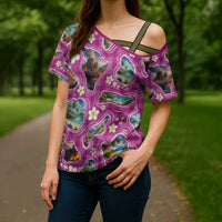 Hawaiian Island Shapes-Iconic Landscape Cross Shoulder Shirt with Plumeria and Palaka Pink Color LT03 - Polynesian Pride