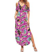 Hawaiian Island Shapes-Iconic Landscape Family Matching Summer Maxi Dress and Hawaiian Shirt with Plumeria and Palaka Pink Color LT03 Mom's Dress Pink - Polynesian Pride
