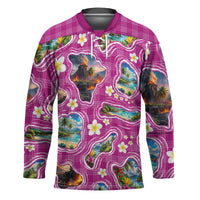 Hawaiian Island Shapes-Iconic Landscape Hockey Jersey with Plumeria and Palaka Pink Color LT03 Unisex Pink - Polynesian Pride