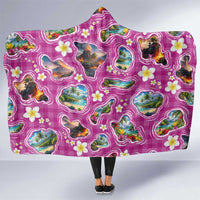 Hawaiian Island Shapes-Iconic Landscape Hooded Blanket with Plumeria and Palaka Pink Color