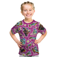 Hawaiian Island Shapes-Iconic Landscape Kid T Shirt with Plumeria and Palaka Pink Color LT03 Pink - Polynesian Pride