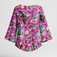 Hawaiian Island Shapes-Iconic Landscape Kimono Sleeve Blouse with Plumeria and Palaka Pink Color