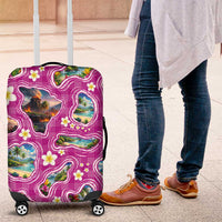Hawaiian Island Shapes-Iconic Landscape Luggage Cover with Plumeria and Palaka Pink Color LT03 Pink - Polynesian Pride