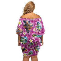 Hawaiian Island Shapes-Iconic Landscape Off Shoulder Short Dress with Plumeria and Palaka Pink Color LT03 - Polynesian Pride