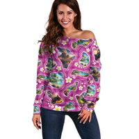 Hawaiian Island Shapes-Iconic Landscape Off Shoulder Sweater with Plumeria and Palaka Pink Color