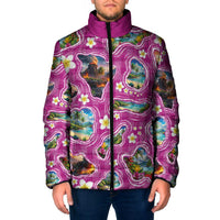 Hawaiian Island Shapes-Iconic Landscape Padded Jacket with Plumeria and Palaka Pink Color