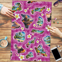 Hawaiian Island Shapes-Iconic Landscape Puzzle with Plumeria and Palaka Pink Color