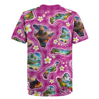 Hawaiian Island Shapes-Iconic Landscape Rugby Jersey with Plumeria and Palaka Pink Color