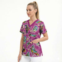 Hawaiian Island Shapes-Iconic Landscape Scrub Top with Plumeria and Palaka Pink Color