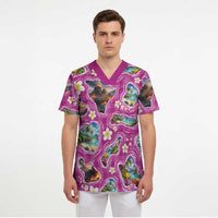 Hawaiian Island Shapes-Iconic Landscape Scrub Top with Plumeria and Palaka Pink Color
