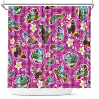 Hawaiian Island Shapes-Iconic Landscape Shower Curtain with Plumeria and Palaka Pink Color