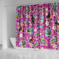 Hawaiian Island Shapes-Iconic Landscape Shower Curtain with Plumeria and Palaka Pink Color