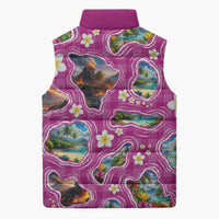 Hawaiian Island Shapes-Iconic Landscape Sleeveless Puffer Jacket with Plumeria and Palaka Pink Color