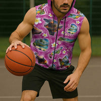 Hawaiian Island Shapes-Iconic Landscape Sleeveless Zip Hoodie with Plumeria and Palaka Pink Color LT03 - Polynesian Pride