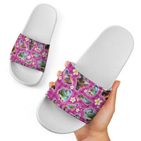 Hawaiian Island Shapes-Iconic Landscape Slide Sandals with Plumeria and Palaka Pink Color