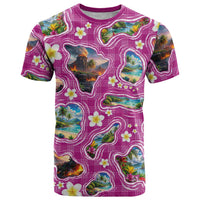 Hawaiian Island Shapes-Iconic Landscape T Shirt with Plumeria and Palaka Pink Color