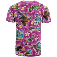 Hawaiian Island Shapes-Iconic Landscape T Shirt with Plumeria and Palaka Pink Color