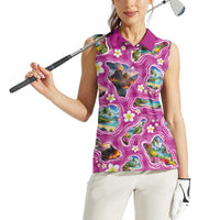 Hawaiian Island Shapes-Iconic Landscape Women Sleeveless Polo Shirt with Plumeria and Palaka Pink Color LT03 - Polynesian Pride