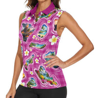 Hawaiian Island Shapes-Iconic Landscape Women Sleeveless Polo Shirt with Plumeria and Palaka Pink Color LT03 - Polynesian Pride