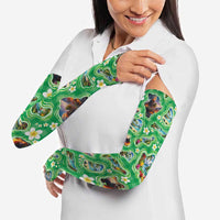 Hawaii Map with Plumeria Flower and Palaka Pattern Arm Sleeves Tropical Island Green Design
