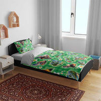 Hawaii Map with Plumeria Flower and Palaka Pattern Bedding Set Tropical Island Green Design