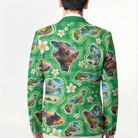 Hawaii Map with Plumeria Flower and Palaka Pattern Blazer Tropical Island Green Design