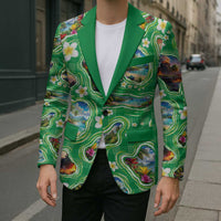 Hawaii Map with Plumeria Flower and Palaka Pattern Blazer Tropical Island Green Design