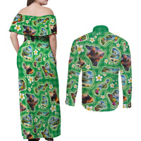 Hawaii Map with Plumeria Flower and Palaka Pattern Couples Matching Off Shoulder Maxi Dress and Long Sleeve Button Shirt Tropical Island Green Design LT03 - Polynesian Pride