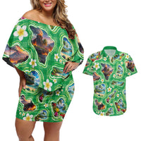 Hawaii Map with Plumeria Flower and Palaka Pattern Couples Matching Off Shoulder Short Dress and Hawaiian Shirt Tropical Island Green Design