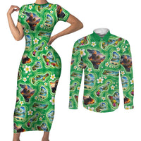 Hawaii Map with Plumeria Flower and Palaka Pattern Couples Matching Short Sleeve Bodycon Dress and Long Sleeve Button Shirt Tropical Island Green Design