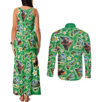 Hawaii Map with Plumeria Flower and Palaka Pattern Couples Matching Tank Maxi Dress and Long Sleeve Button Shirt Tropical Island Green Design