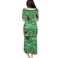 Hawaii Map with Plumeria Flower and Palaka Pattern Family Matching Puletasi and Hawaiian Shirt Tropical Island Green Design LT03 - Polynesian Pride
