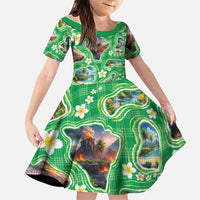 Hawaii Map with Plumeria Flower and Palaka Pattern Family Matching Summer Maxi Dress and Hawaiian Shirt Tropical Island Green Design LT03 Daughter's Dress Green - Polynesian Pride