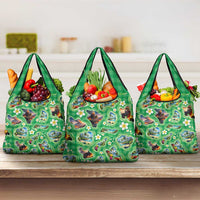 Hawaii Map with Plumeria Flower and Palaka Pattern Grocery Bag Tropical Island Green Design