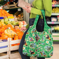 Hawaii Map with Plumeria Flower and Palaka Pattern Grocery Bag Tropical Island Green Design