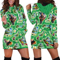 Hawaii Map with Plumeria Flower and Palaka Pattern Hoodie Dress Tropical Island Green Design