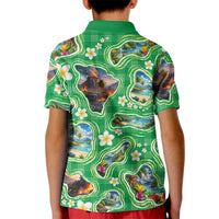 Hawaii Map with Plumeria Flower and Palaka Pattern Kid Polo Shirt Tropical Island Green Design