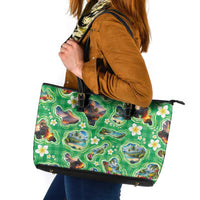 Hawaii Map with Plumeria Flower and Palaka Pattern Leather Tote Bag Tropical Island Green Design