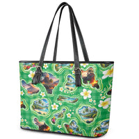 Hawaii Map with Plumeria Flower and Palaka Pattern Leather Tote Bag Tropical Island Green Design