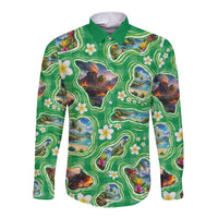 Hawaii Map with Plumeria Flower and Palaka Pattern Long Sleeve Button Shirt Tropical Island Green Design