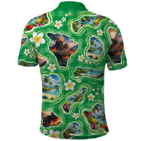 Hawaii Map with Plumeria Flower and Palaka Pattern Polo Shirt Tropical Island Green Design