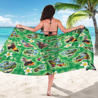 Hawaii Map with Plumeria Flower and Palaka Pattern Sarong Tropical Island Green Design