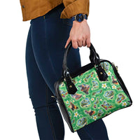 Hawaii Map with Plumeria Flower and Palaka Pattern Shoulder Handbag Tropical Island Green Design