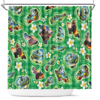 Hawaii Map with Plumeria Flower and Palaka Pattern Shower Curtain Tropical Island Green Design