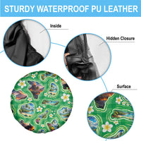Hawaii Map with Plumeria Flower and Palaka Pattern Spare Tire Cover Tropical Island Green Design