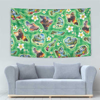 Hawaii Map with Plumeria Flower and Palaka Pattern Tapestry Tropical Island Green Design